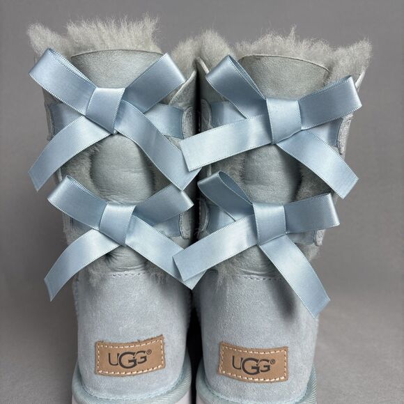 Womens 8 Ugg Boots Bailey Bow Ether Baby Blue Suede Sheepskin Coquette Very Rare - Picture 10 of 16
